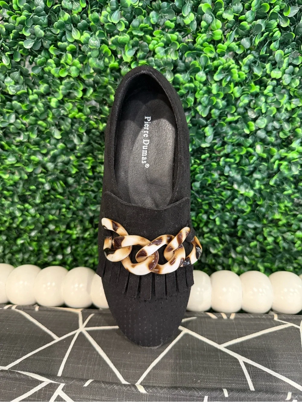 NEW Pierre Dumas Paloma-2 Black Suede Platform Loafer with Tortoise Chain